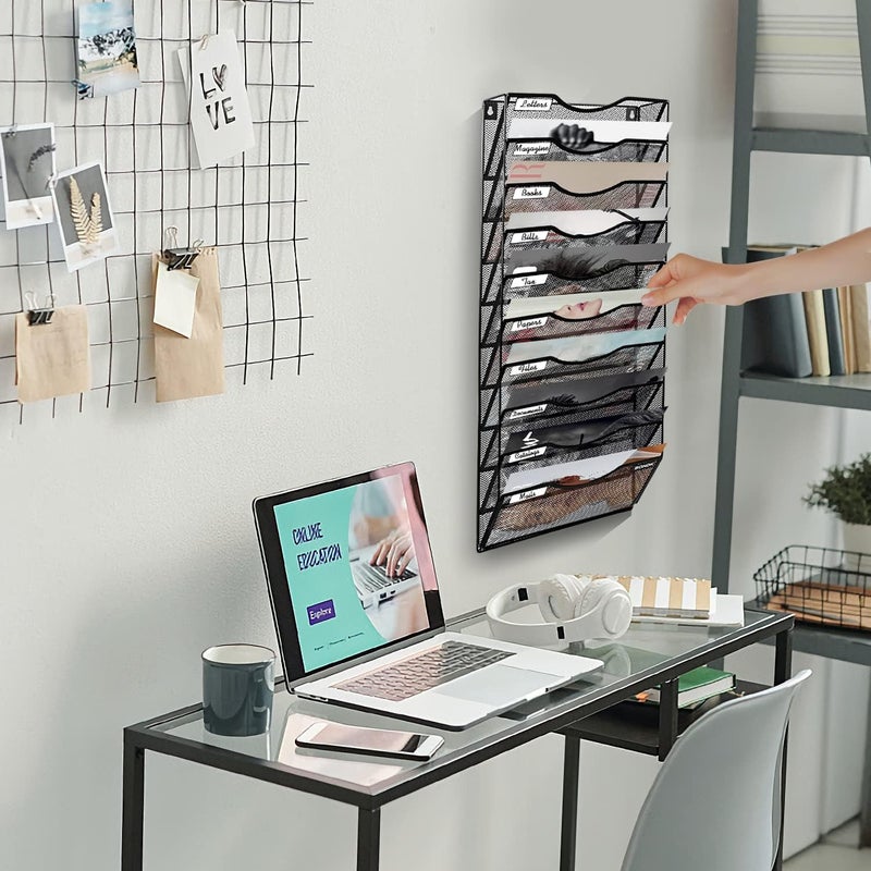 BOHDK Wall File Organizer, 10 Tire Hanging File Folder Mail Organizer, Vertical Mesh Metal Door/Wall Mount Hanging File Holder, Paper Document Magazine Rack with Hooks for Home Office Black - Image 5